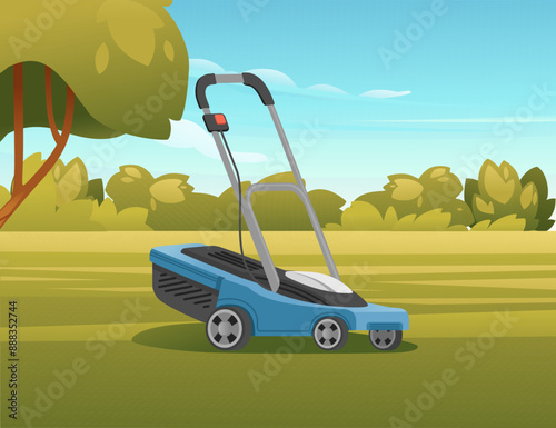 Blue color lawn mower on a flat green lawn. Clear blue sky with green forest on landscape background. Gardening tool vector illustration