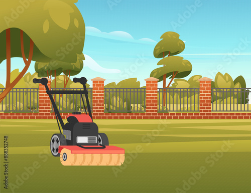 Garden sweeper cleaning tool. Red color gardening vacuum cleaner with brush .Vector illustration of cleaner tool