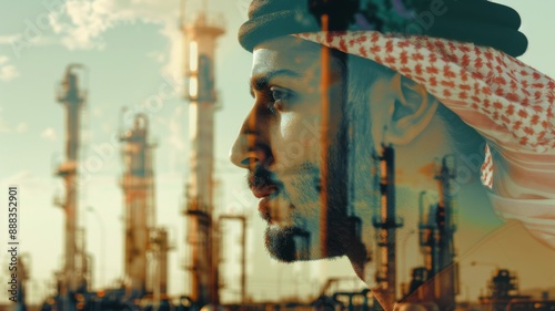 Arab Man with Double Exposure of Industrial Complex.