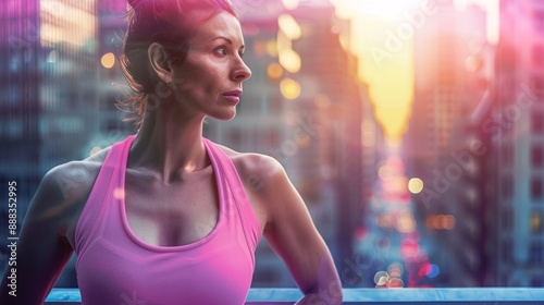 A woman in pink sportswear looks thoughtfully at the city sunset, embodying determination and focus amidst an urban skyline with a stunning view.