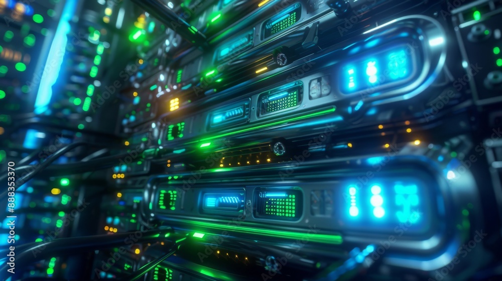 Futuristic server rack with blue and green lights. Futuristic server rack with blue and green lights.