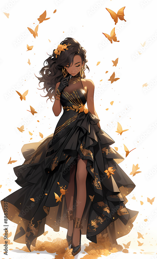 Fototapeta premium Elegant woman in a black gown adorned with golden butterflies, exuding grace and sophistication