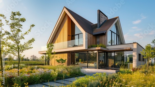 modern suburban farmhouse with a dynamic, angular architecture featuring a blend of wood and glass, nestled in a beautifully landscaped meadow