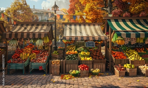 Autumn harvest festival with stalls selling seasonal produce photo