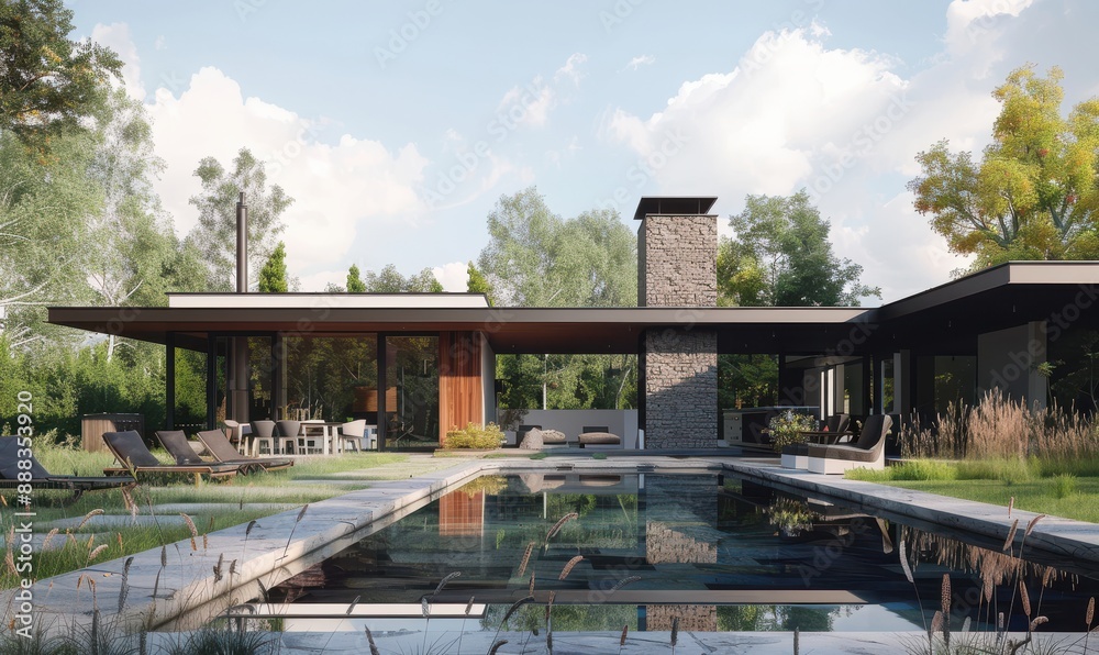 Modern house with pool, surrounded by trees, and contemporary design elements. Modern house with pool, surrounded by trees, and contemporary design elements.