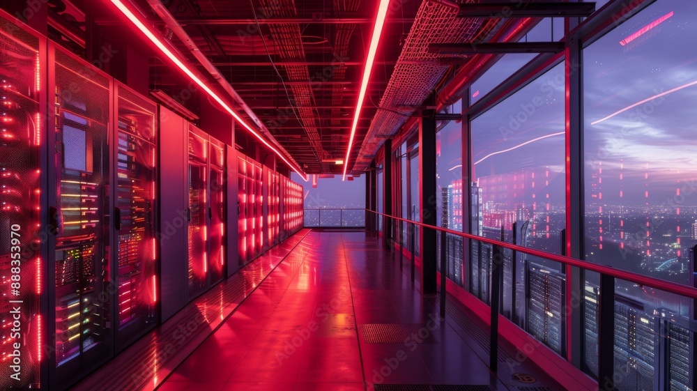 Fototapeta premium Red lit hallway overlooking a city at night.