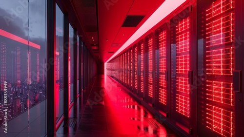 Red illuminated server room corridor.