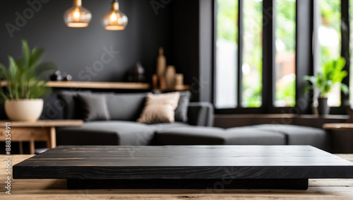 Empty black wooden table for product display with blurry living room background