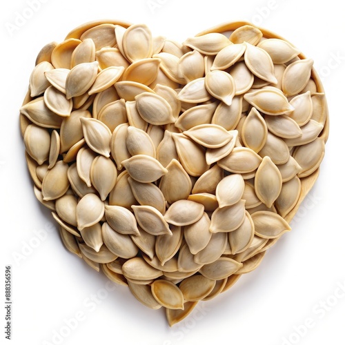 Raw Pumpkin Seeds Arranged in a Heart Shape on a White Background. Generative AI © Irina