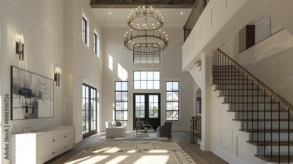 Obraz premium elegant entryway in a modern suburban farmhouse, with a high ceiling, grand staircase, and a chandelier made from reclaimed materials