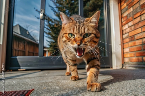 Angry Tabby Cat Chases Toward Camera on Patio. Generative AI