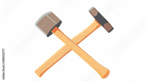 Two wooden mallets crossed against each other on a plain white background, symbolizing tools of trade often used in carpentry and woodworking for crafting and building. photo