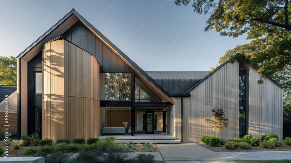 modern suburban farmhouse with an angular design, featuring contrasting light wood and dark metal panels modern suburban farmhouse with an angular design, featuring contrasting light wood and dark metal panels