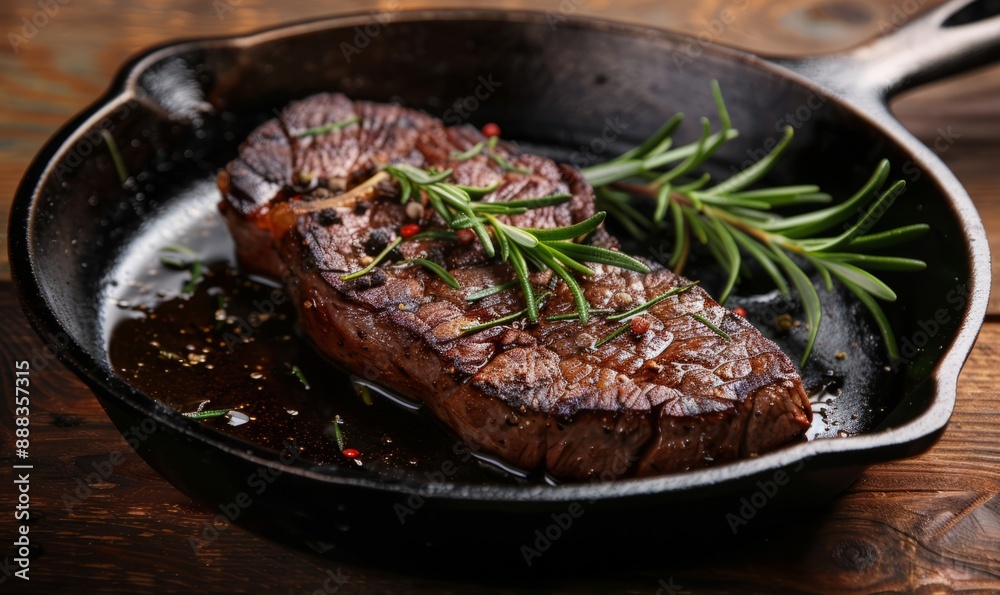 Cast iron skillet with a perfectly seared steak Cast iron skillet with a perfectly seared steak