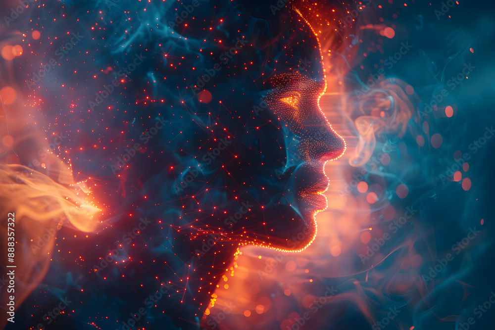 Fototapeta premium Abstract human silhouette with interconnected lines and dots in red, blue, and pink.