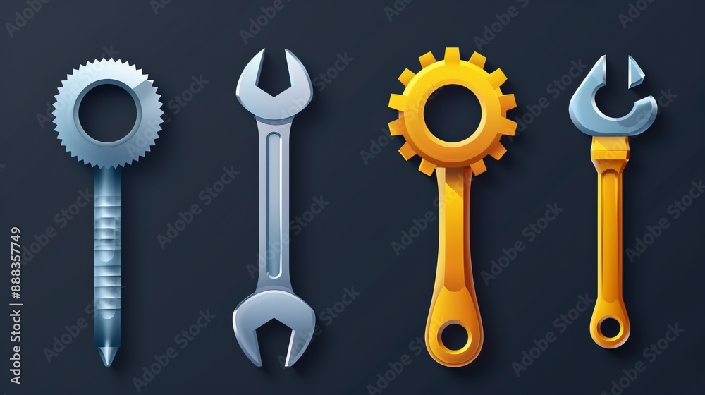 A diverse set of vector mechanical tools including wrenches, gears, and screws with detailed and vibrant illustrations highlighting the intricate designs and precise craftsmanship. A diverse set of vector mechanical tools including wrenches, gears, and screws with detailed and vibrant illustrations highlighting the intricate designs and precise craftsmanship.