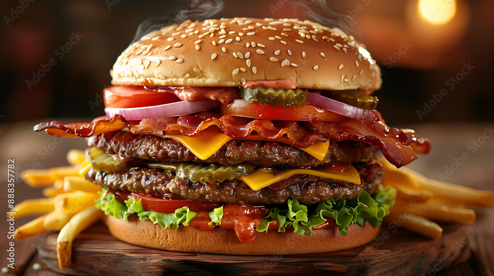 Layered burger with crispy bacon and fries, perfect for diner promotions, fast food promotions, food reviews, culinary blogs, delivery services. Savory cheeseburger with crispy glazed bacon Layered burger with crispy bacon and fries, perfect for diner promotions, fast food promotions, food reviews, culinary blogs, delivery services. Savory cheeseburger with crispy glazed bacon