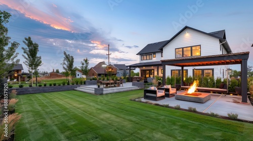expansive suburban farmhouse backyard with a modern gazebo, fire pit area, and a well-maintained lawn for family gatherings