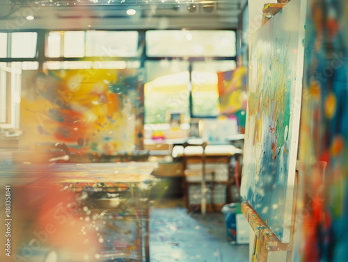 A blurred art classroom, splashes of color barely distinguishable, hinting at creativity and chaos