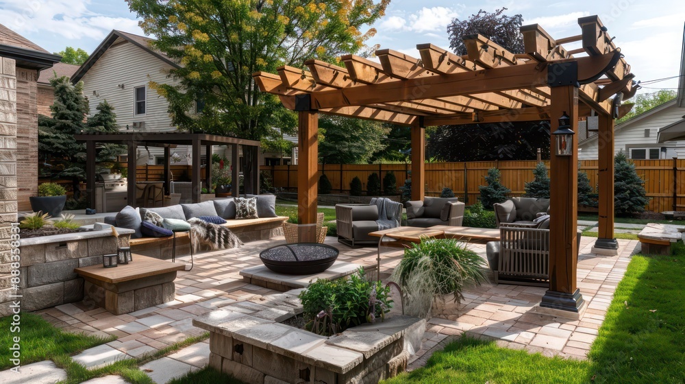 Naklejka premium backyard of a suburban farmhouse, complete with a wooden pergola, a stone fire pit, and comfortable outdoor seating