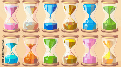 Vintage hourglass vector illustration with a variety of colors for the background and sand.