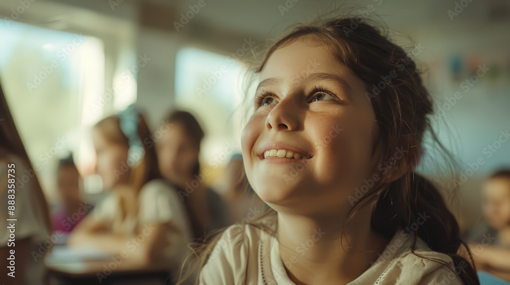 In her classroom, a primary school girl wears a joyful smile, expressing her happiness. In her classroom, a primary school girl wears a joyful smile, expressing her happiness.