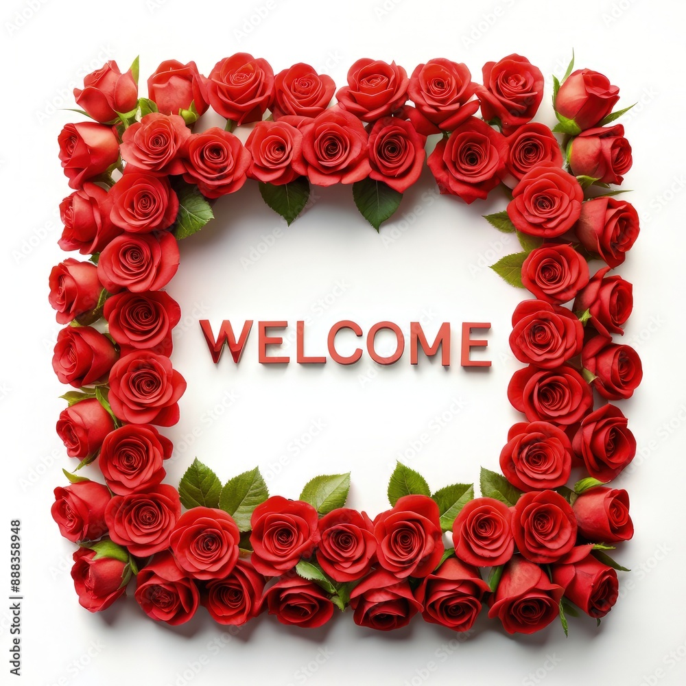 Red Roses Forming A Welcome Frame. Generative AI Red Roses Forming A Welcome Frame. Generative AI