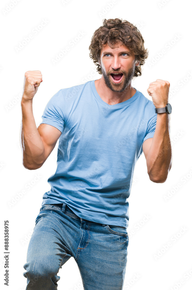 Handsome hispanic model man over isolated background very happy and excited doing winner gesture with arms raised, smiling and screaming for success. Celebration concept. Handsome hispanic model man over isolated background very happy and excited doing winner gesture with arms raised, smiling and screaming for success. Celebration concept.