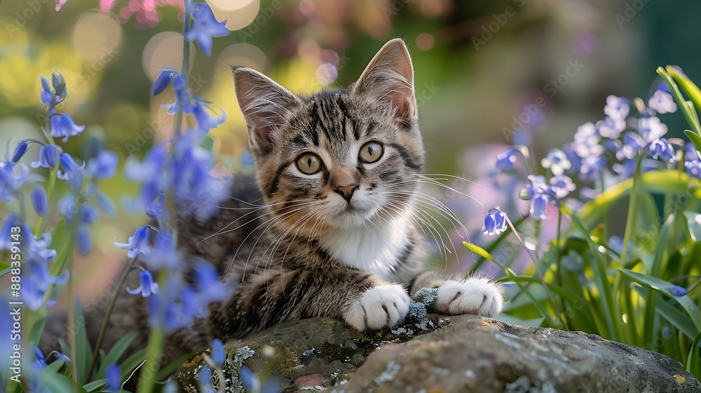 A cute small cat on the stone amidst bluebells and forget me nots A cute small cat on the stone amidst bluebells and forget me nots