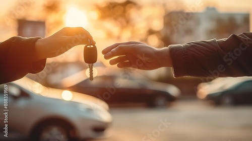 Car keys being handed over to new owner, second hand vehicle purchase or rent