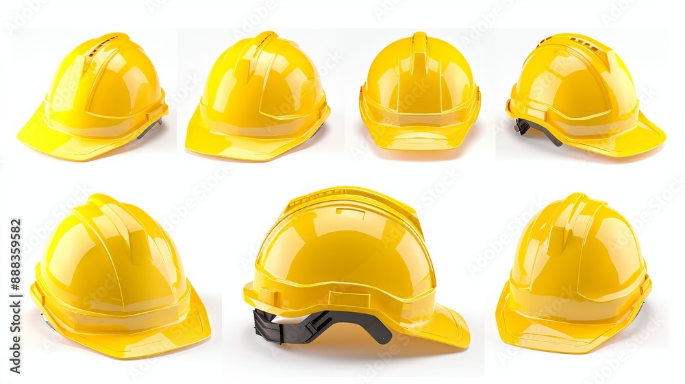 A collection of yellow industrial safety helmets is neatly arranged in a grid format, highlighting the essential equipment used for workplace safety in construction and industry. A collection of yellow industrial safety helmets is neatly arranged in a grid format, highlighting the essential equipment used for workplace safety in construction and industry.
