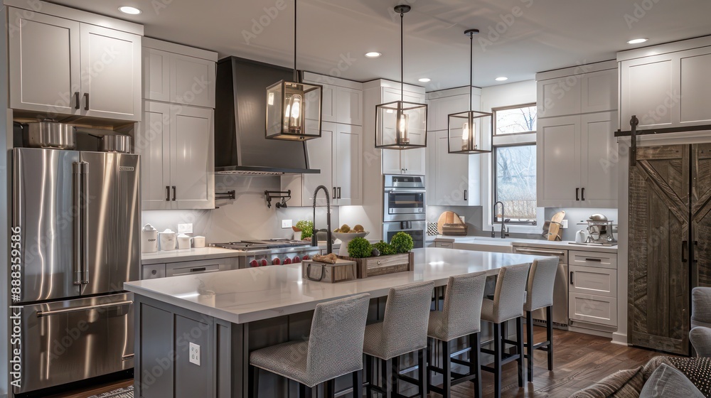 Modern farmhouse kitchen in a suburban home, showcasing stainless steel appliances, large island, and barn-style lighting Modern farmhouse kitchen in a suburban home, showcasing stainless steel appliances, large island, and barn-style lighting