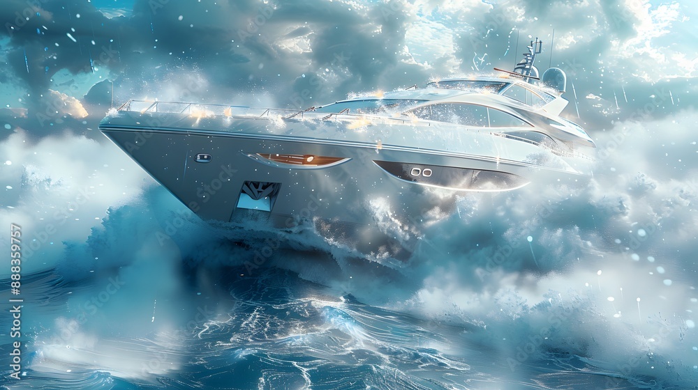 A white boat is crashing into the water. The boat is surrounded by a lot of water and the sky is cloudy A white boat is crashing into the water. The boat is surrounded by a lot of water and the sky is cloudy