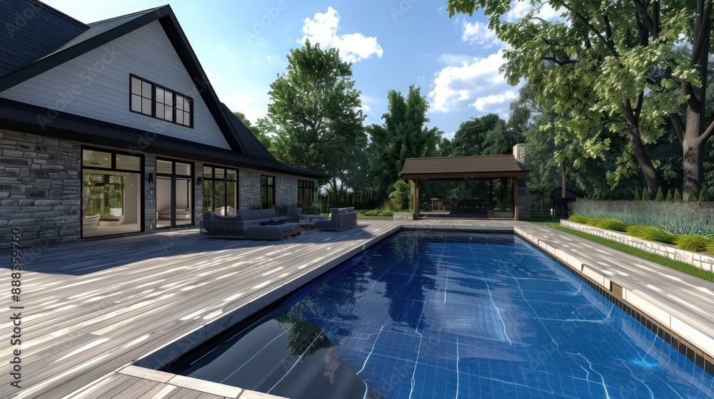 Fototapeta premium contemporary suburban farmhouse with a large backyard pool area, complete with a pool house and landscaped deck