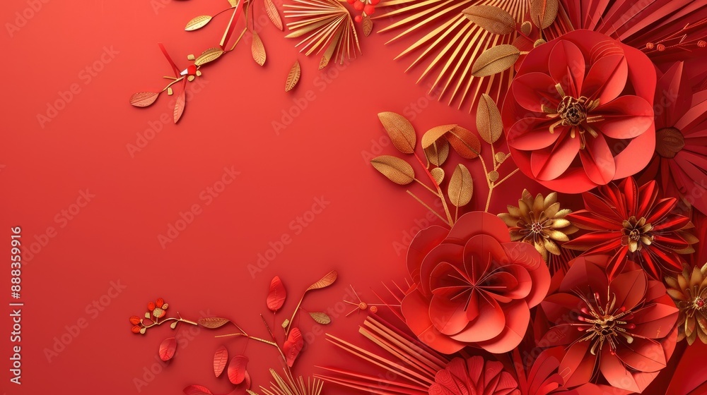 Chinese New Year decorations with red and gold color scheme in flat lay paper art Chinese New Year decorations with red and gold color scheme in flat lay paper art