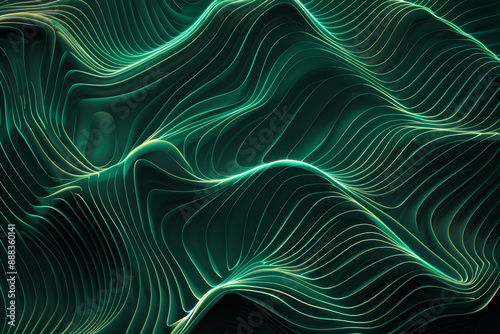 dark background with green wavy lines, flowing pattern, modern aesthetic, symmetrical composition