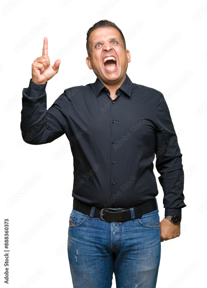 Handsome middle age arab business man over isolated background pointing finger up with successful idea. Exited and happy. Number one.