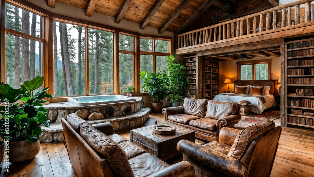Rustic interior of cozy cabin with warm atmosphere, sofas and bed surrounded by bookshelves and greenery, with jacuzzi and view of forest Rustic interior of cozy cabin with warm atmosphere, sofas and bed surrounded by bookshelves and greenery, with jacuzzi and view of forest