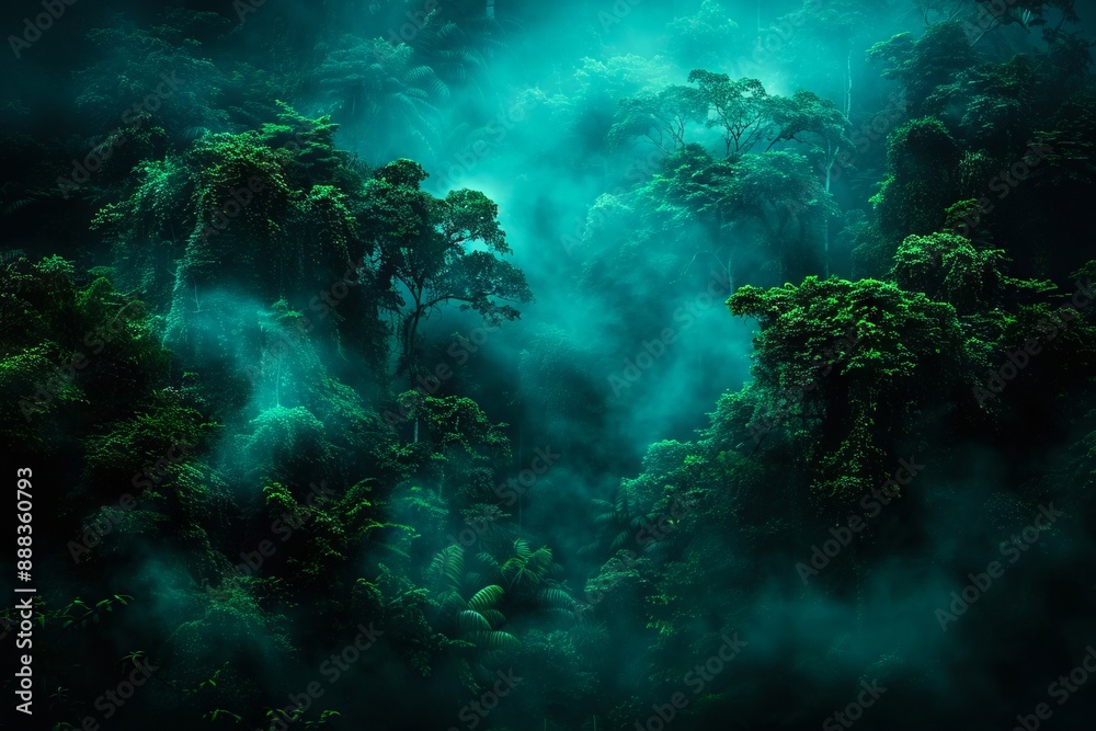 Fototapeta premium A dark forest with trees and mist.