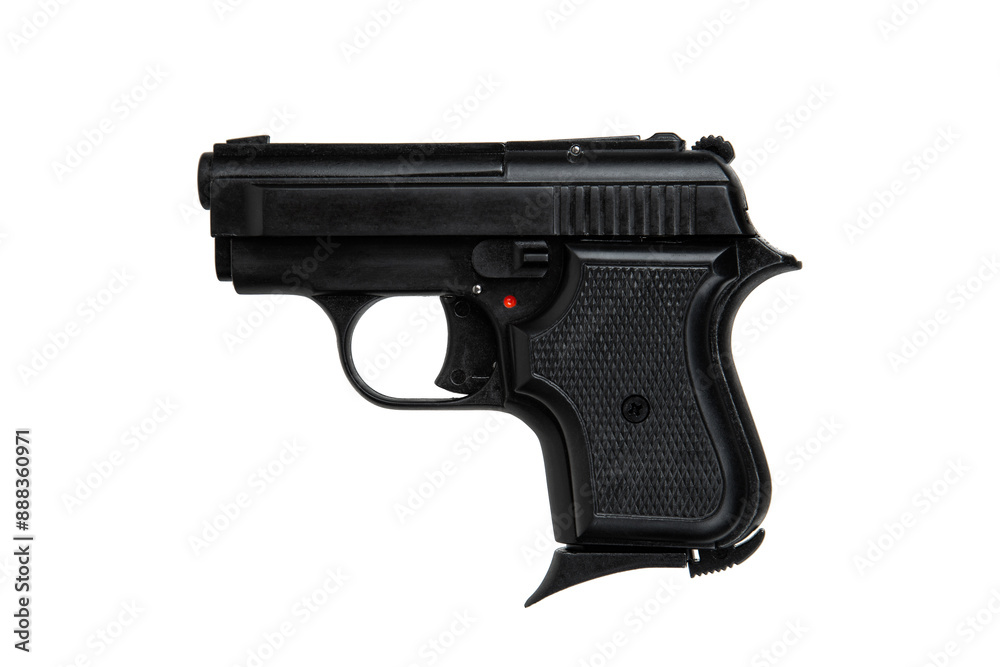 Modern semi-automatic pistol. Small short-barreled weapon for concealed carry. Ladies' pistol. Isolate on white back. Modern semi-automatic pistol. Small short-barreled weapon for concealed carry. Ladies' pistol. Isolate on white back.