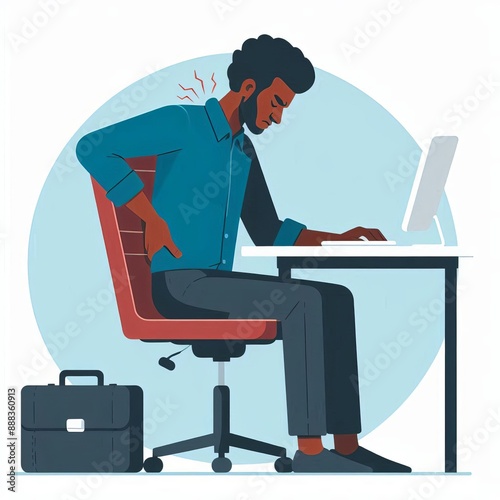 Back pain. Load on spine during long work in office. Man holds his back