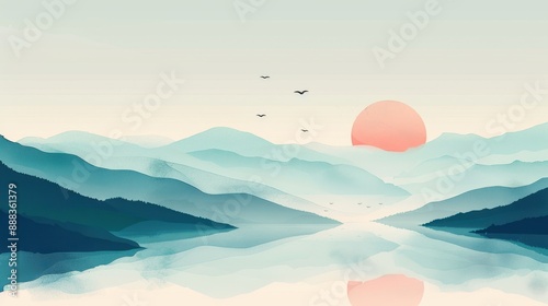 Serene Lake Reflection with Pastel Sunset and Flock of Birds