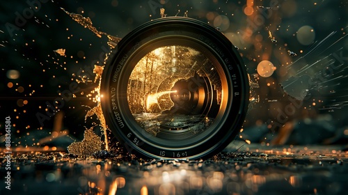 A close-up of a shattered camera lens laying on a reflective surface, adorned with sparks flying around, depicting a dramatic and chaotic yet visually appealing scene.