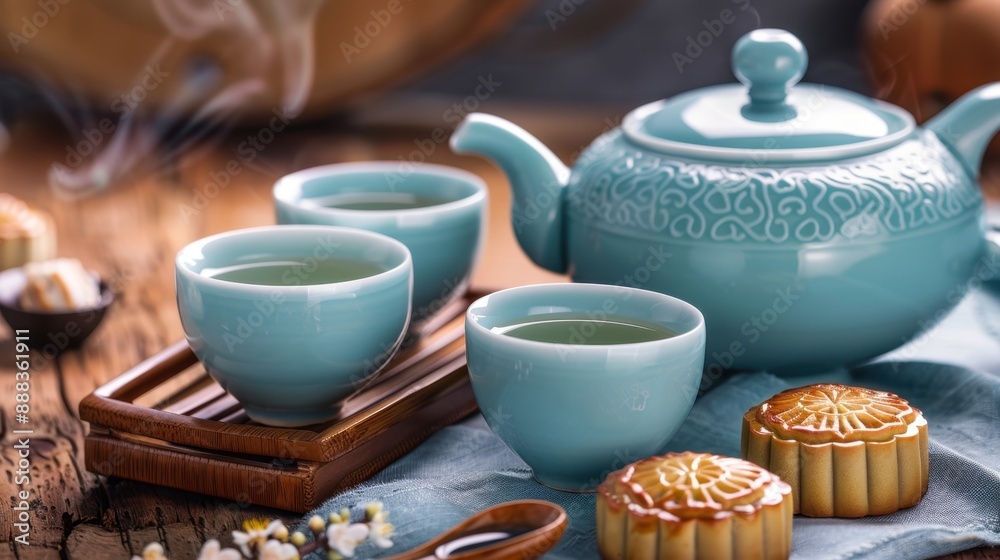 Fototapeta premium Traditional Asian Tea Ceremony with Elegant Teapot and Cups