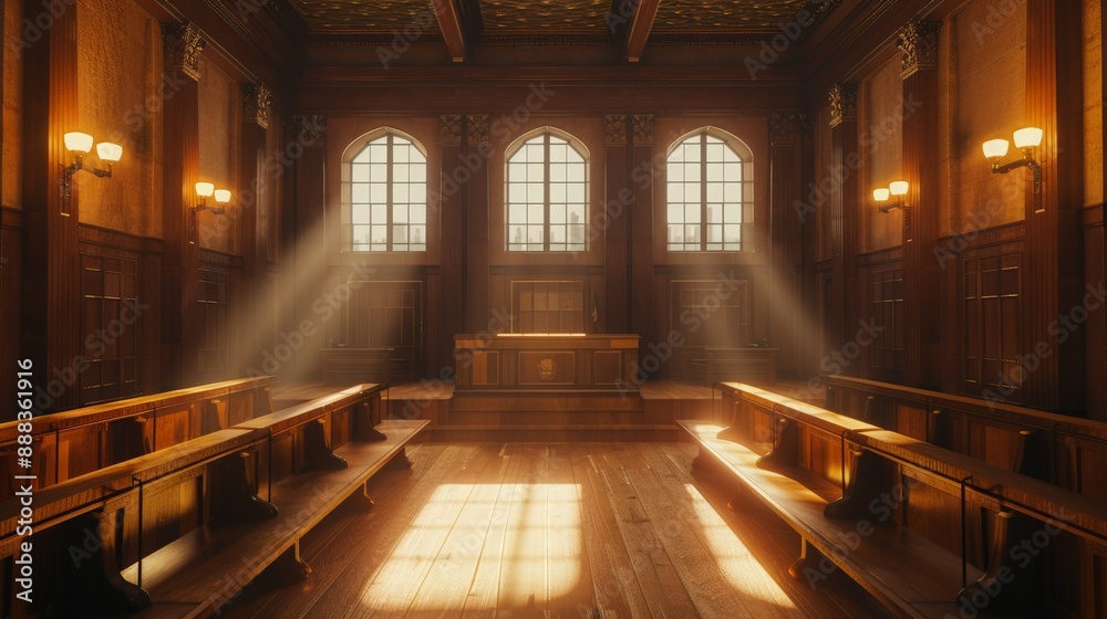 Obraz premium Empty courtroom with polished wooden benches and a judge's bench under the soft glow of courtroom lighting, against a high-quality background of legal books 