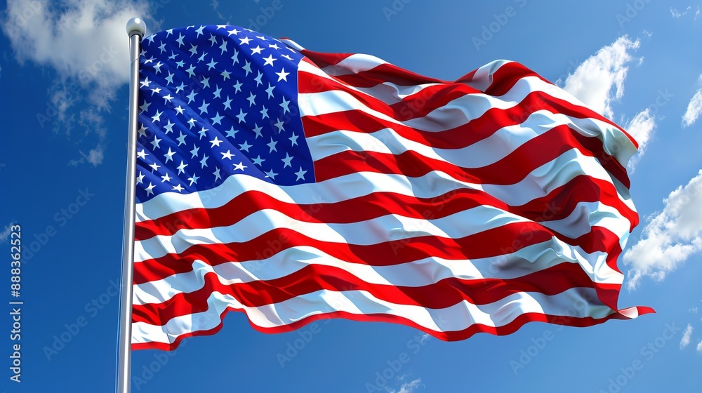 Fototapeta premium An image of the American flag waving dynamically against a clear blue sky with clouds, illustrating a sense of freedom, hope, and patriotism in an open and bright atmosphere.