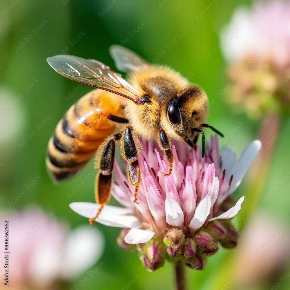 Bee pollinating a clover flower in a field of flowers Bee pollinating a clover flower in a field of flowers