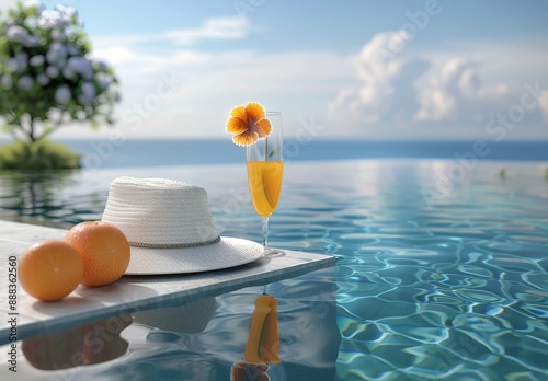 A Glass of Orange Juice and a Straw Hat on a Sunny Day by the Oceanside Pool