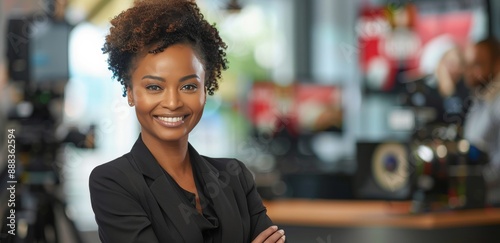 Confident Black Businesswoman Smiling In Office Setting