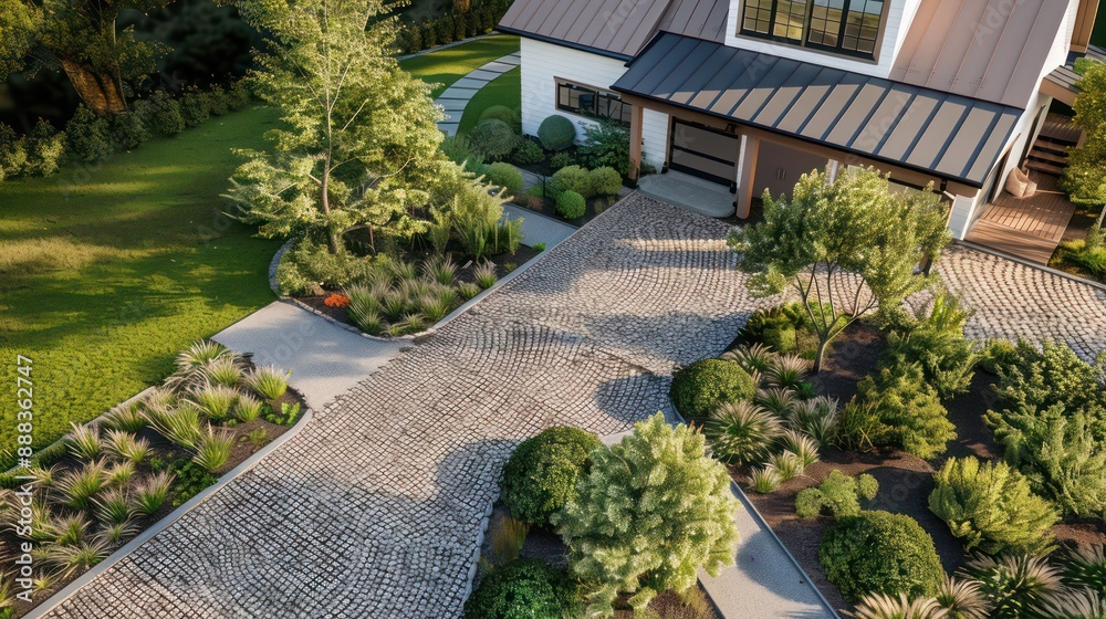 Overhead view of a modern suburban farmhouse with a beautifully landscaped garden and a cobblestone driveway Overhead view of a modern suburban farmhouse with a beautifully landscaped garden and a cobblestone driveway